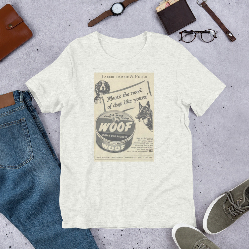 Vintage Woof Dog Food Unisex t-shirt