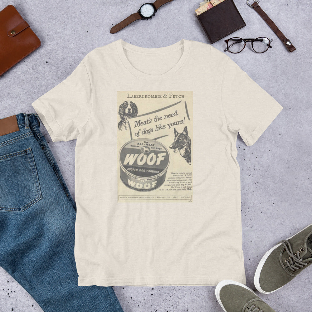 Vintage Woof Dog Food Unisex t-shirt