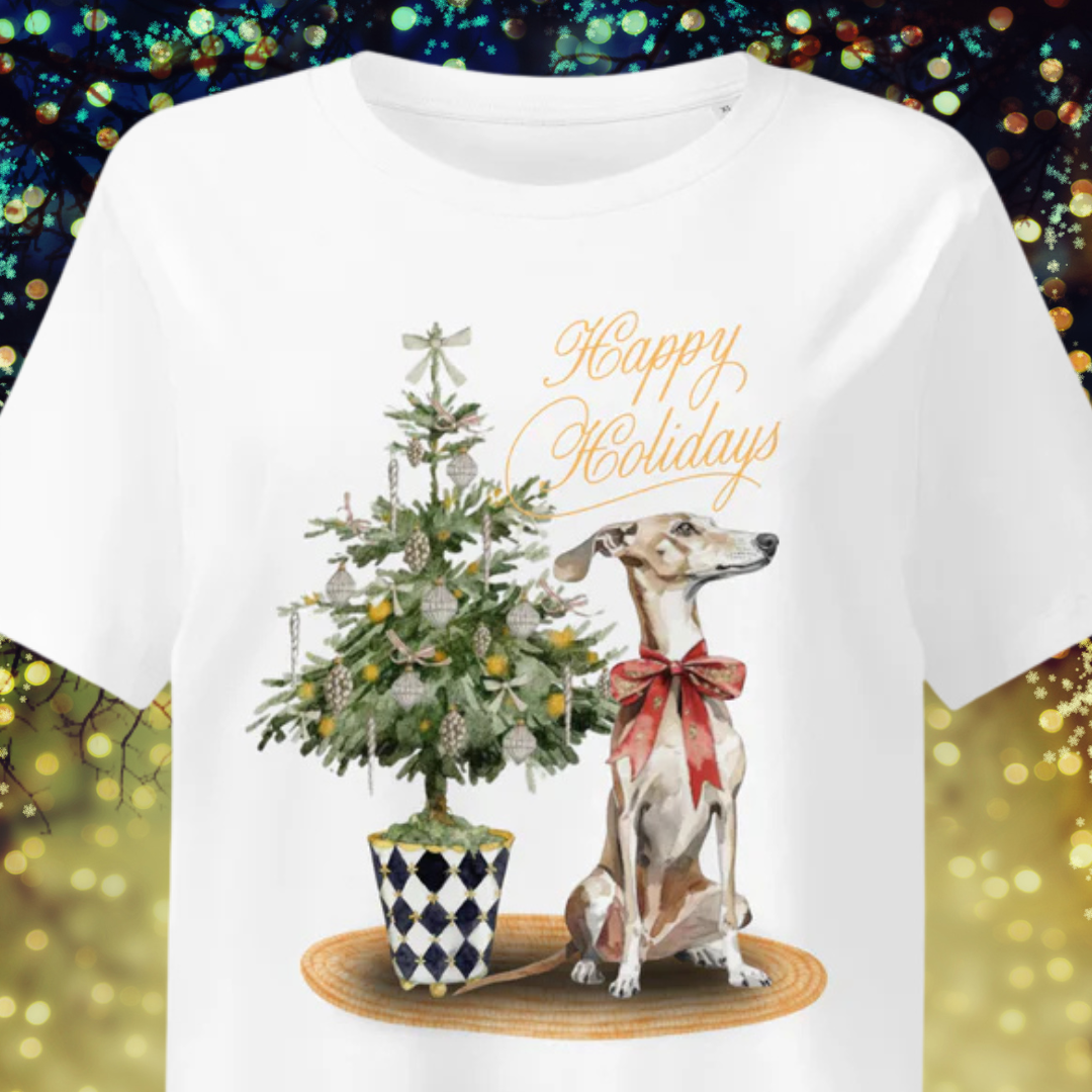 Happy Holidays Whippet Women’s organic ribbed neck t-shirt