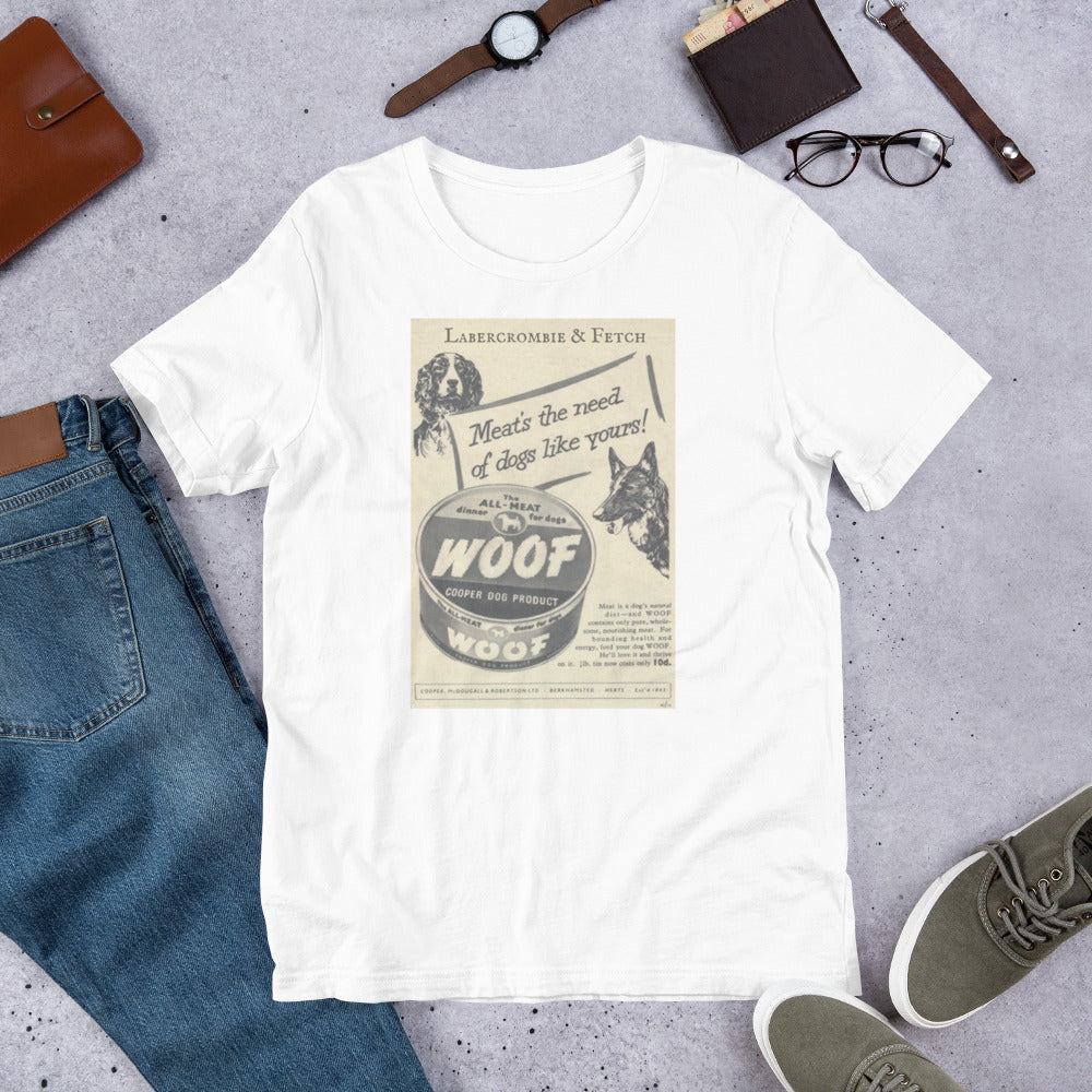 Vintage Woof Dog Food Unisex t-shirt
